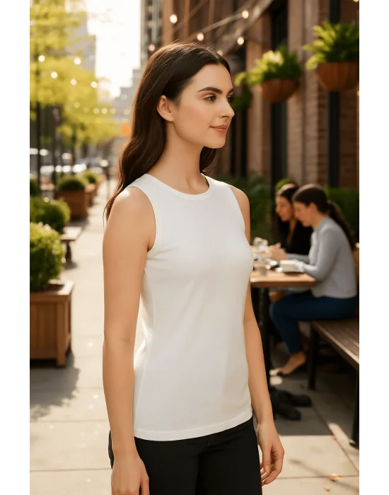 MetuCa Kadın Beyaz Bisiklet Yaka Sıfır Kol Likralı Pamuklu Vücudu Saran Basic Atlet