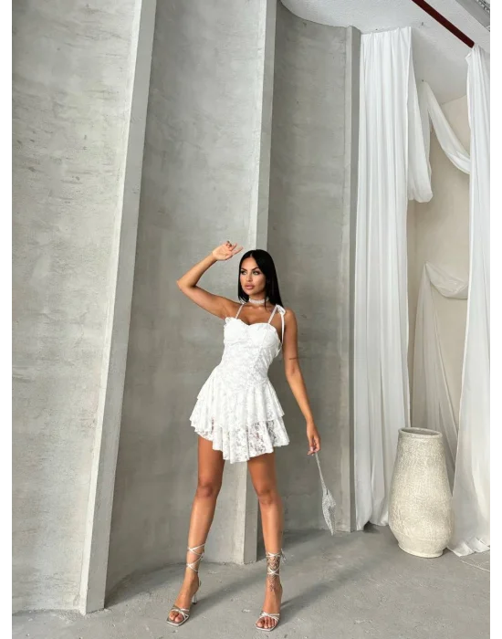 MetuCa Kadın Beyaz Askılı Sırtı Bağcıklı İçi Şortlu Dantel Mini Prenses Parti Elbisesi