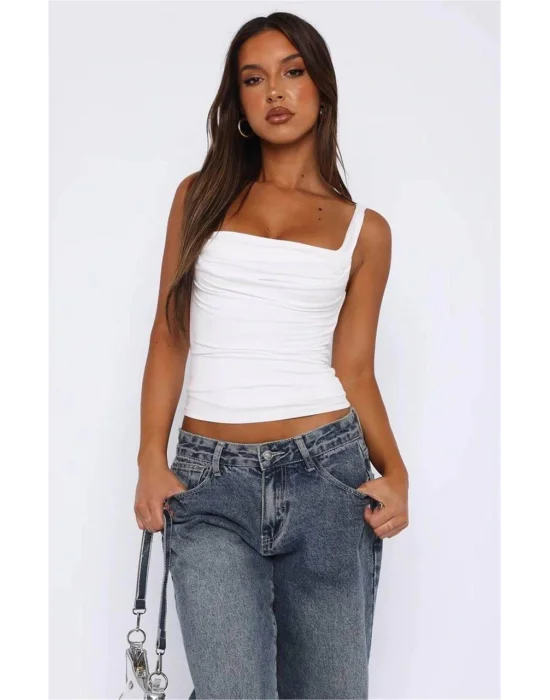 MetuCa Kadın Beyaz Kare Yaka Önü Büzgülü Vücudu Saran U Yaka Sırt Dekolteli Esnek Crop Bluz