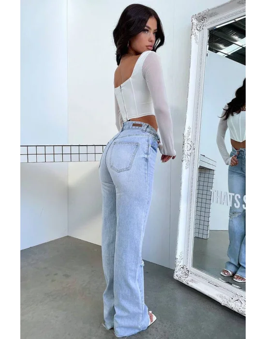 MetuCa Kadın Beyaz Kare Yaka Uzun Transparan Tül Kollu Balenli Vücudu Saran Korse Crop Bluz