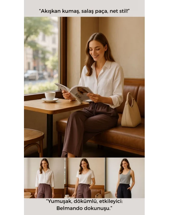 MetuCa Kadın Kahverengi Bol Paça Belmando Kumaş Beli Lastikli Pantolon - Yumuşak Doku Oversize Model