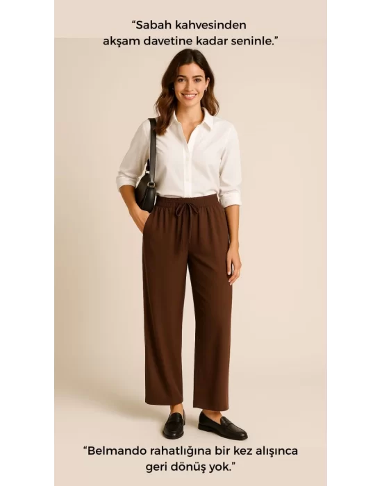 MetuCa Kadın Kahverengi Bol Paça Belmando Kumaş Beli Lastikli Pantolon - Yumuşak Doku Oversize Model
