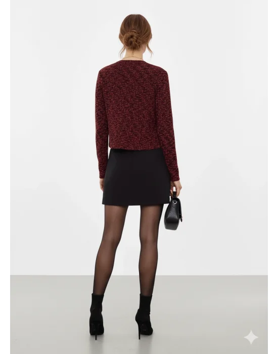 MetuCa Kadın Bordo Siyah Melanj Yakasız Oversize Model Triko Ceket Hırka