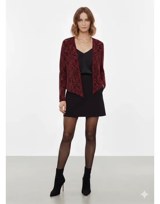 MetuCa Kadın Bordo Siyah Melanj Yakasız Oversize Model Triko Ceket Hırka