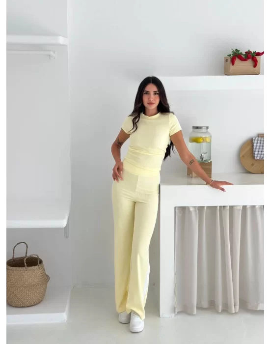 MetuCa Kadın Sarı Yanı Beyaz Şeritli Yüksek Bel Pamuklu Crop Geniş Paça Eşofman Altı İkili Takım