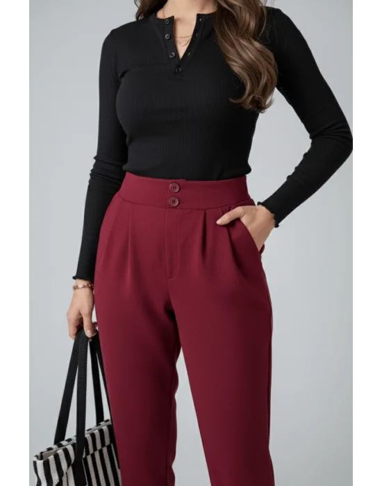 MetuCa Kadın Bordo Yüksek Bel Çift Düğmeli Pensli Havuç Kesim Esnek Krep Pantolon