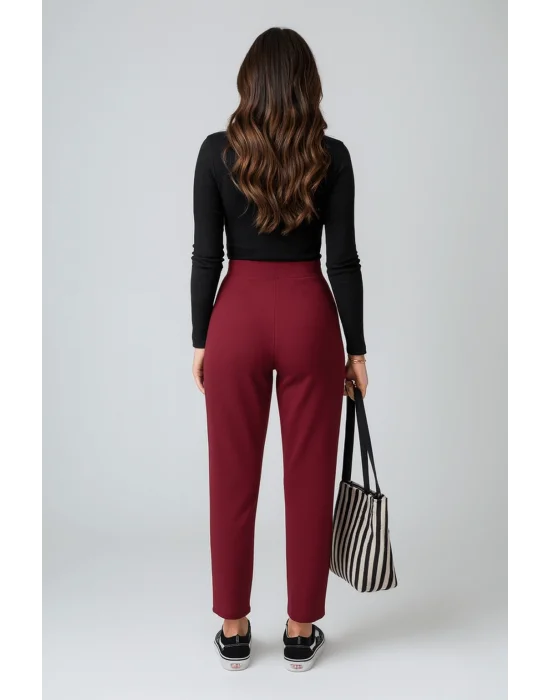 MetuCa Kadın Bordo Yüksek Bel Çift Düğmeli Pensli Havuç Kesim Esnek Krep Pantolon