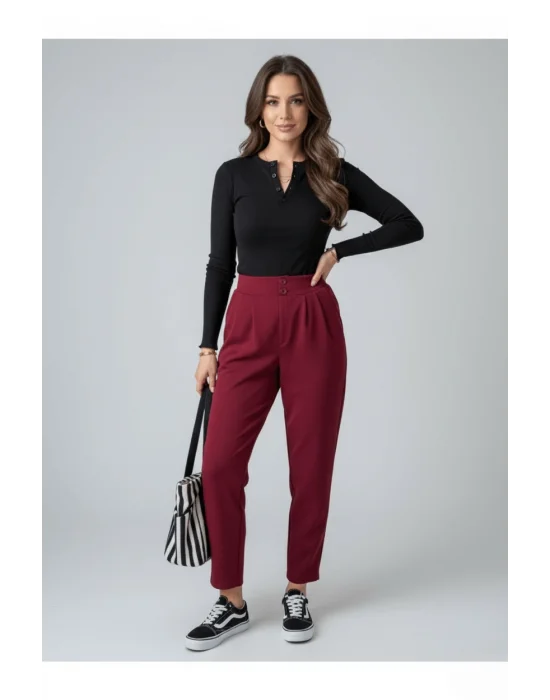 MetuCa Kadın Bordo Yüksek Bel Çift Düğmeli Pensli Havuç Kesim Esnek Krep Pantolon