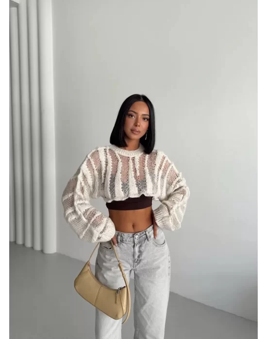 MetuCa Kadın Ekru Ajurlu Delikli Örgü Balon Kol Uzun Kollu Süper Crop Triko Kazak Bolero Bluz
