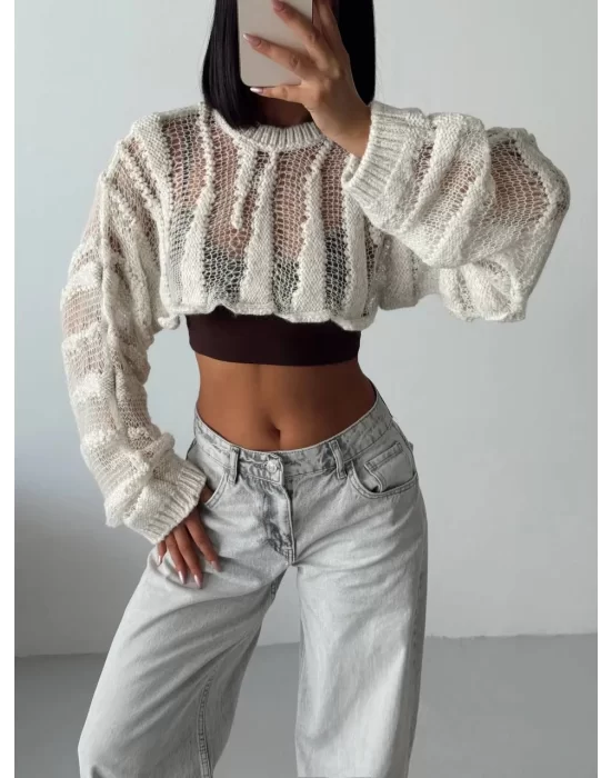 MetuCa Kadın Ekru Ajurlu Delikli Örgü Balon Kol Uzun Kollu Süper Crop Triko Kazak Bolero Bluz