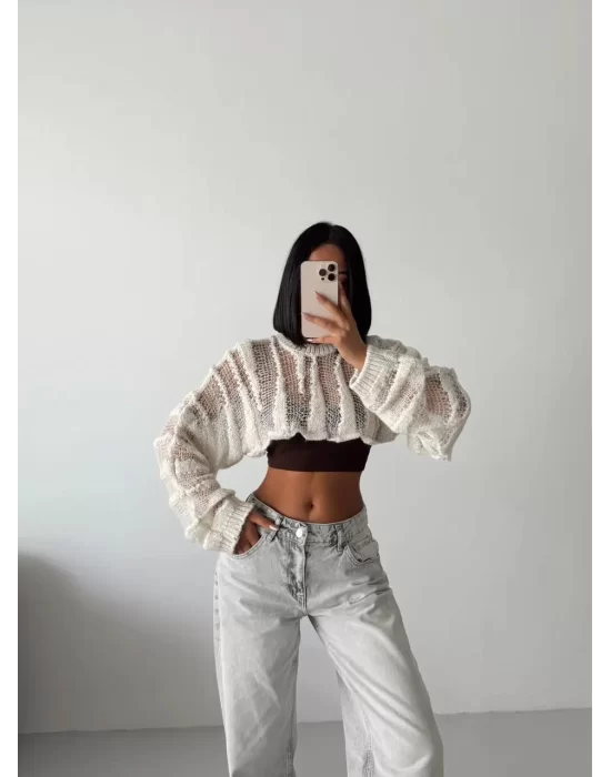 MetuCa Kadın Ekru Ajurlu Delikli Örgü Balon Kol Uzun Kollu Süper Crop Triko Kazak Bolero Bluz
