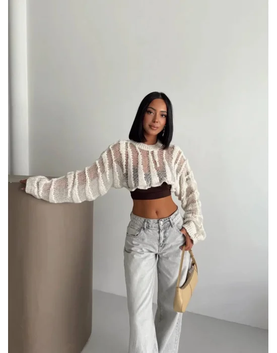 MetuCa Kadın Ekru Ajurlu Delikli Örgü Balon Kol Uzun Kollu Süper Crop Triko Kazak Bolero Bluz