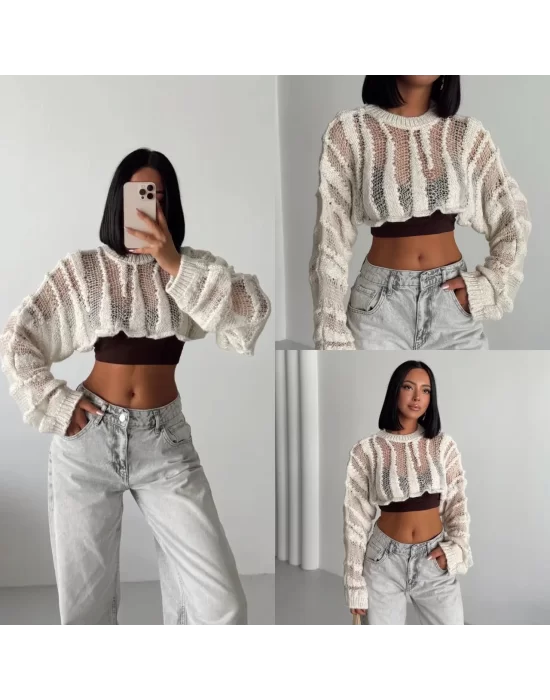 MetuCa Kadın Ekru Ajurlu Delikli Örgü Balon Kol Uzun Kollu Süper Crop Triko Kazak Bolero Bluz