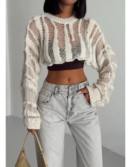 MetuCa Kadın Ekru Ajurlu Delikli Örgü Balon Kol Uzun Kollu Süper Crop Triko Kazak Bolero Bluz
