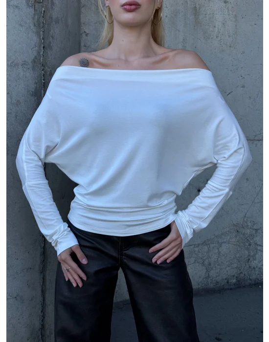 MetuCa Kadın Ekru Düşük Omuz Kayık Yaka Drapeli Uzun Kollu Vücudu Saran Bluz