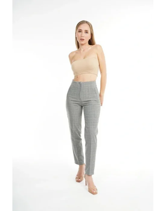 MetuCa Kadın Gri Kareli Yüksek Bel Pens Detaylı Havuç Kesim Kumaş Pantolon