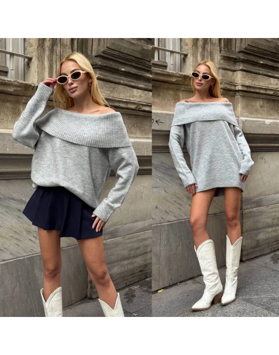 MetuCa Kadın Gri Madonna Yaka Düşük Omuz Oversize Salaş Kalın Triko Kazak Elbise