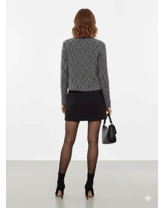 MetuCa Kadın Gri Melanj Tüvit Görünümlü Yakasız Oversize Model Düğmesiz Triko Ceket Hırka