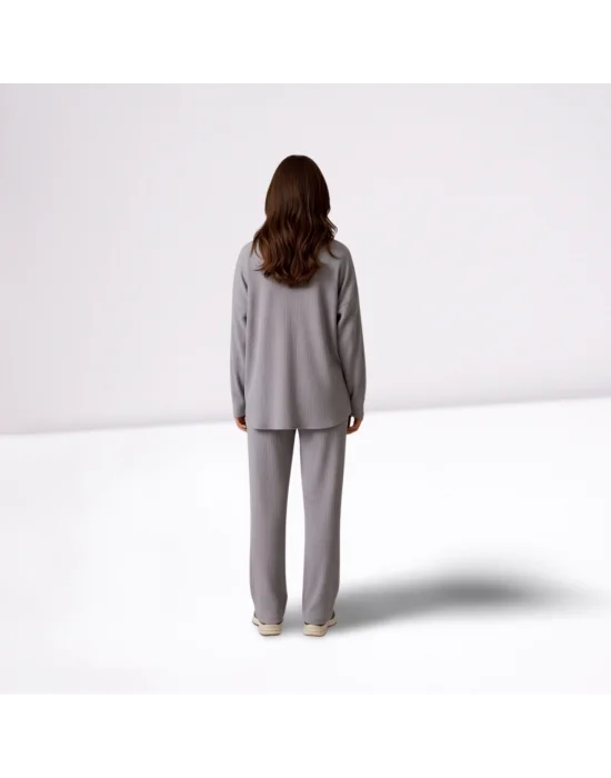 MetuCa Kadın Gri Pamuk Bürümcük Takım Gömlek ve Beli Lastikli Geniş Paça Pantolon