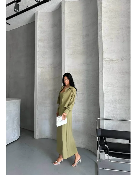 MetuCa Kadın Haki Dokuma Kumaş Crop Gömlek ve U Yaka Askılı Uzun Elbise İkili Takım