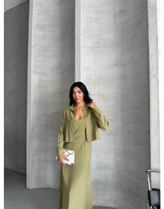 MetuCa Kadın Haki Dokuma Kumaş Crop Gömlek ve U Yaka Askılı Uzun Elbise İkili Takım