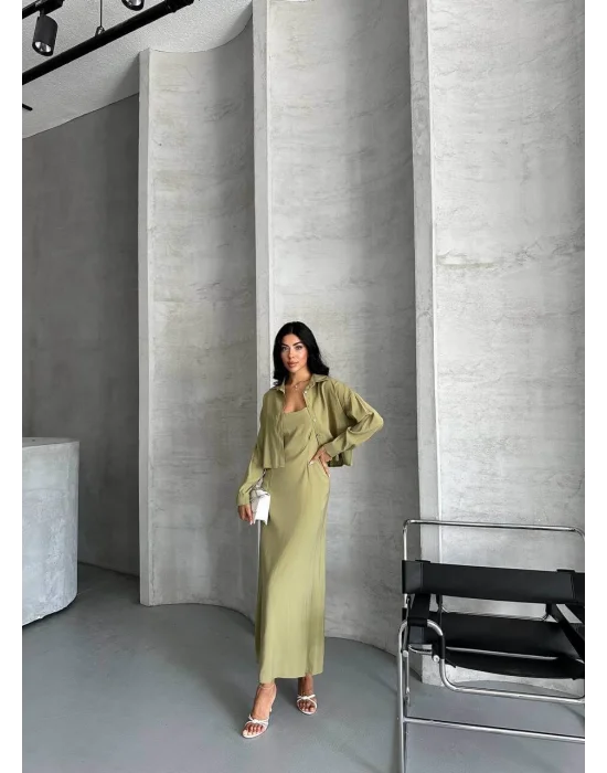 MetuCa Kadın Haki Dokuma Kumaş Crop Gömlek ve U Yaka Askılı Uzun Elbise İkili Takım