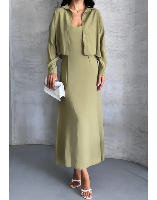 MetuCa Kadın Haki Dokuma Kumaş Crop Gömlek ve U Yaka Askılı Uzun Elbise İkili Takım