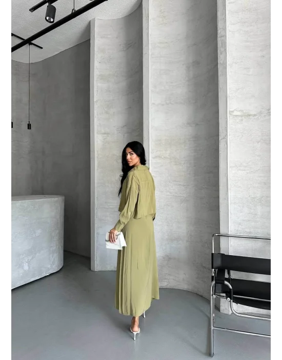 MetuCa Kadın Haki Dokuma Kumaş Crop Gömlek ve U Yaka Askılı Uzun Elbise İkili Takım