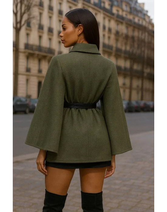 MetuCa Kadın Haki Gömlek Yaka Düğmeli Kemerli Oversize Kaşe Kumaş Pelerin Panço Ceket Kaban