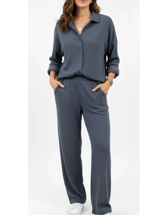 MetuCa Kadın İndigo Pamuk Bürümcük Takım Gömlek ve Beli Lastikli Geniş Paça Pantolon