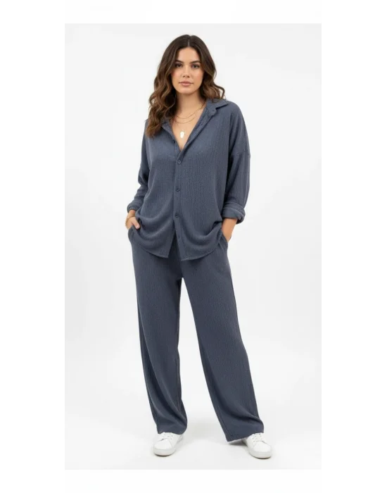 MetuCa Kadın İndigo Pamuk Bürümcük Takım Gömlek ve Beli Lastikli Geniş Paça Pantolon