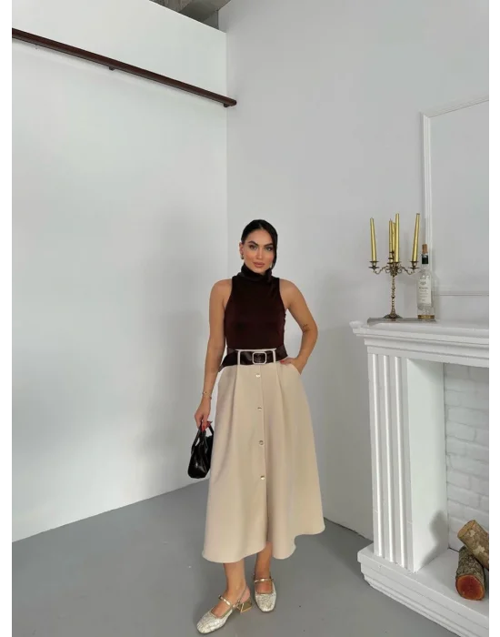 MetuCa Kadın Kahve Bej Balıkçı Yaka Elbise Sandy Üst ve Cepli Düğmeli Kloş Dokuma Etek