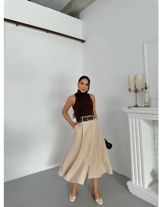 MetuCa Kadın Kahve Bej Balıkçı Yaka Elbise Sandy Üst ve Cepli Düğmeli Kloş Dokuma Etek