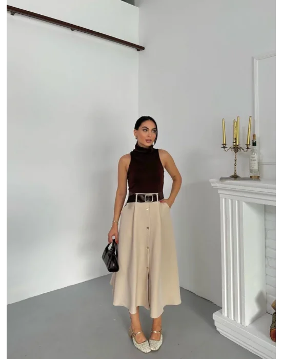 MetuCa Kadın Kahve Bej Balıkçı Yaka Elbise Sandy Üst ve Cepli Düğmeli Kloş Dokuma Etek