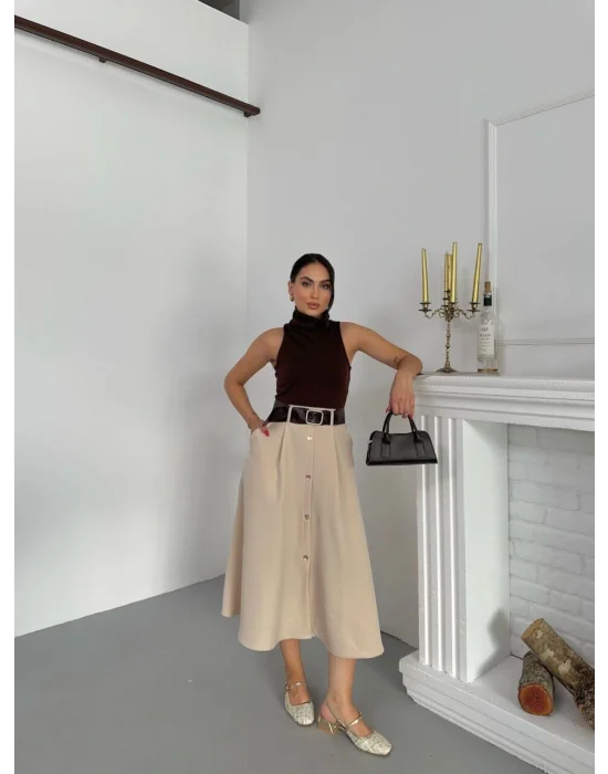 MetuCa Kadın Kahve Bej Balıkçı Yaka Elbise Sandy Üst ve Cepli Düğmeli Kloş Dokuma Etek