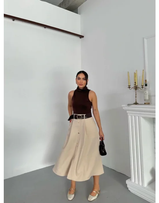 MetuCa Kadın Kahve Bej Balıkçı Yaka Elbise Sandy Üst ve Cepli Düğmeli Kloş Dokuma Etek