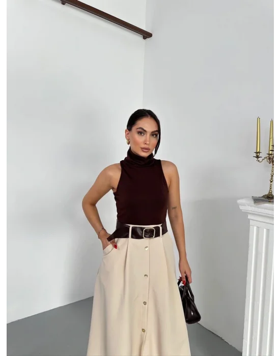 MetuCa Kadın Kahve Bej Balıkçı Yaka Elbise Sandy Üst ve Cepli Düğmeli Kloş Dokuma Etek