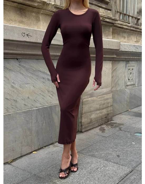 MetuCa Kadın Kahve Bisiklet Yaka Parmak Geçmeli Uzun Kollu Sandy Kumaş Midi İçlik Elbise