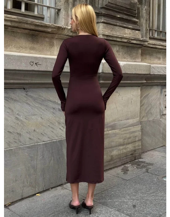 MetuCa Kadın Kahve Bisiklet Yaka Parmak Geçmeli Uzun Kollu Sandy Kumaş Midi İçlik Elbise