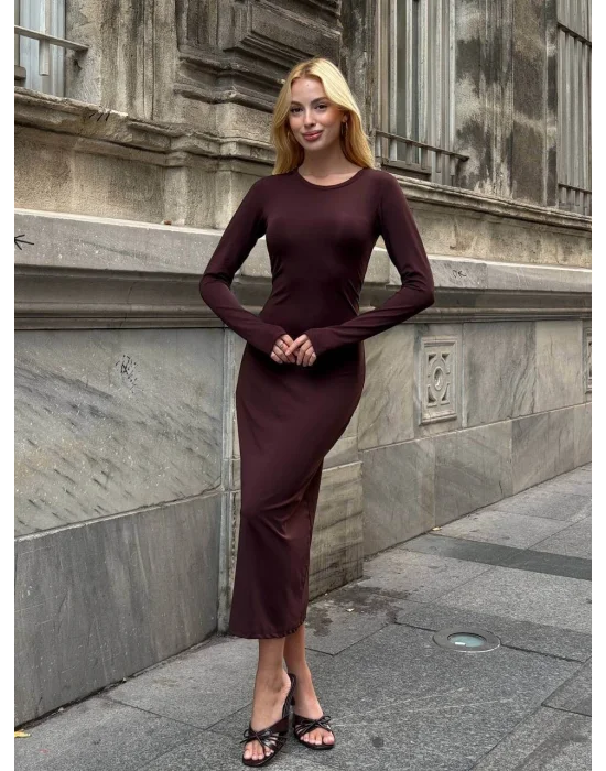 MetuCa Kadın Kahve Bisiklet Yaka Parmak Geçmeli Uzun Kollu Sandy Kumaş Midi İçlik Elbise