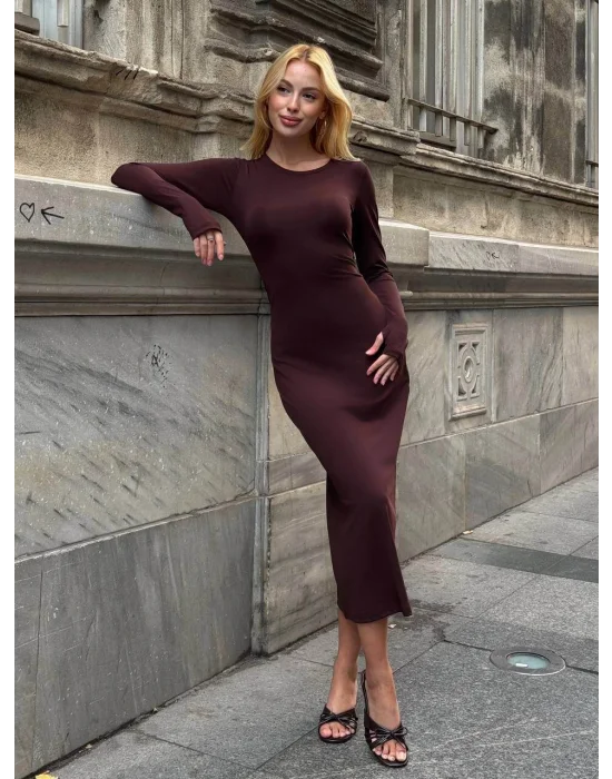 MetuCa Kadın Kahve Bisiklet Yaka Parmak Geçmeli Uzun Kollu Sandy Kumaş Midi İçlik Elbise