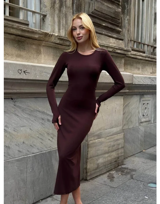 MetuCa Kadın Kahve Bisiklet Yaka Parmak Geçmeli Uzun Kollu Sandy Kumaş Midi İçlik Elbise