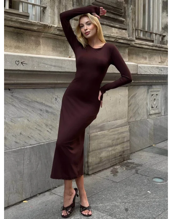 MetuCa Kadın Kahve Bisiklet Yaka Parmak Geçmeli Uzun Kollu Sandy Kumaş Midi İçlik Elbise