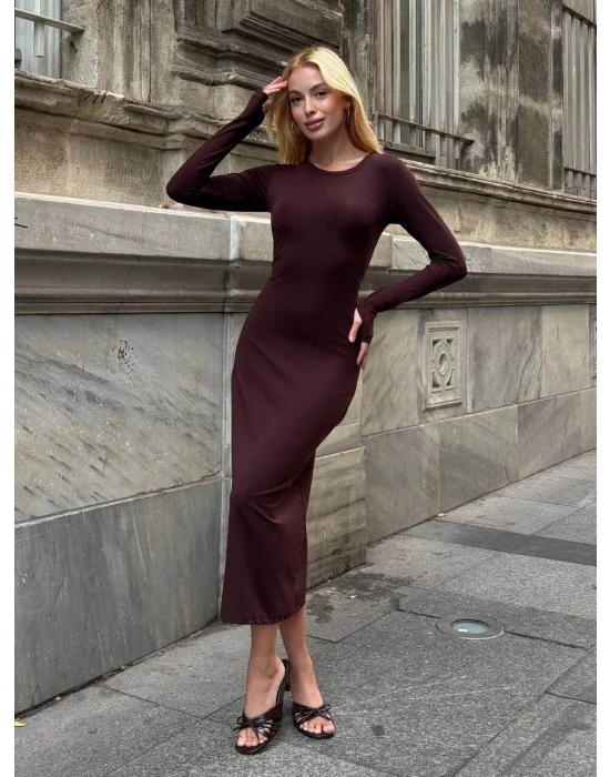 MetuCa Kadın Kahve Bisiklet Yaka Parmak Geçmeli Uzun Kollu Sandy Kumaş Midi İçlik Elbise