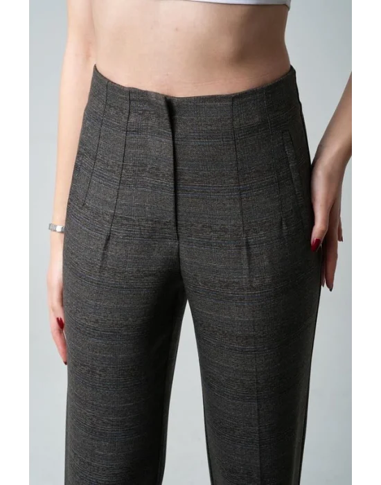 MetuCa Kadın Kahve Kareli Yüksek Bel Pens Detaylı Havuç Kesim Kumaş Pantolon