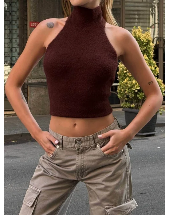 MetuCa Kadın Kahverengi Balıkçı Halter Yaka Sırtı Açık Yumuşak Dokulu Tüylü Triko Büstiyer Bluz