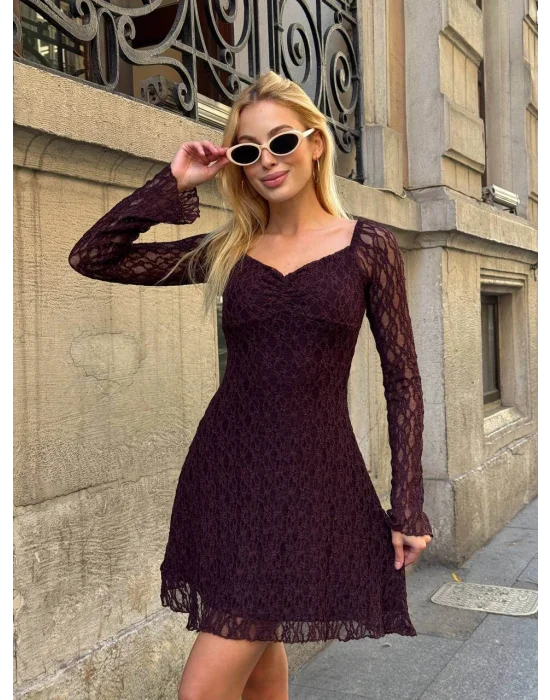 MetuCa Kadın Kahverengi Uzun Kollu Kalp Yaka Göğsü Büzgülü Astarlı A Kesim Fisto Dantel Mini Elbise