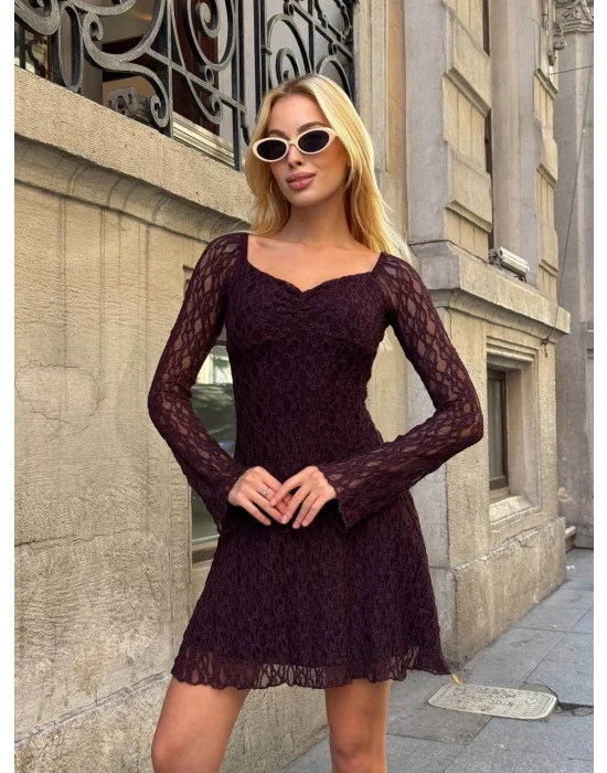 MetuCa Kadın Kahverengi Uzun Kollu Kalp Yaka Göğsü Büzgülü Astarlı A Kesim Fisto Dantel Mini Elbise