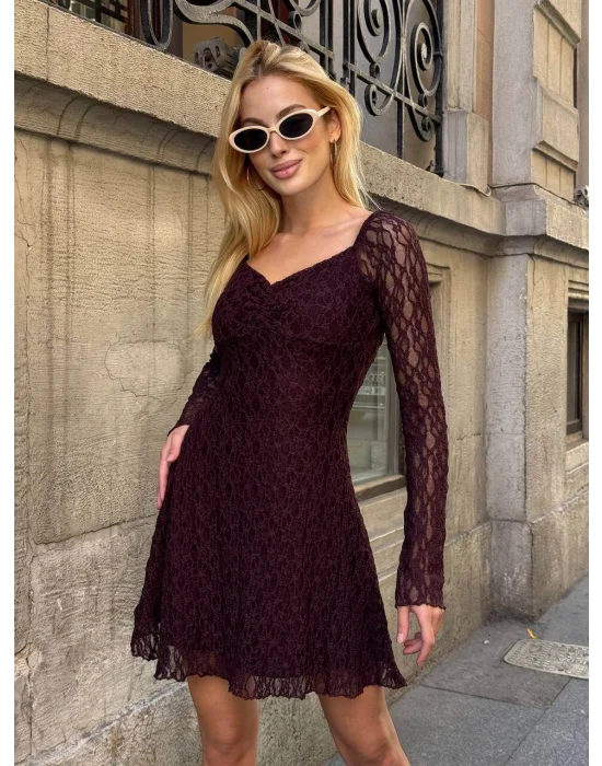 MetuCa Kadın Kahverengi Uzun Kollu Kalp Yaka Göğsü Büzgülü Astarlı A Kesim Fisto Dantel Mini Elbise