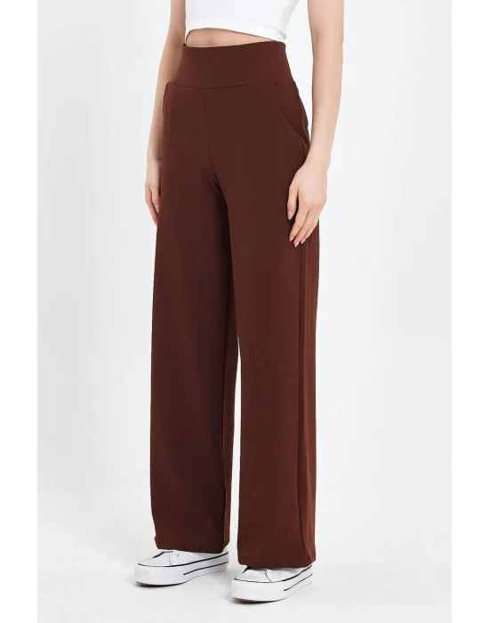 MetuCa Kadın Kahverengi Korsaj  Yüksek Bel Cepli Palazzo Geniş Paça Krep Kumaş Pantolon